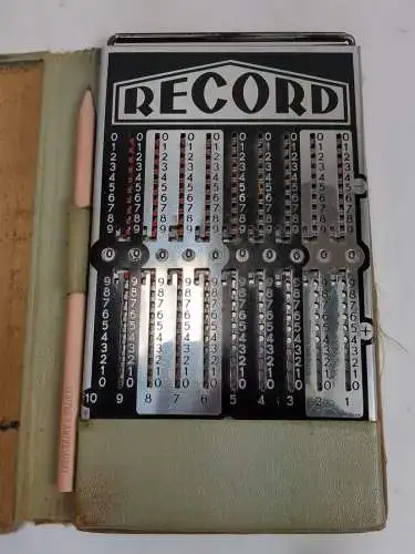 Record Kleinrechenapparat mit Anleitung, Griffeladdierer, Zahlenschieber