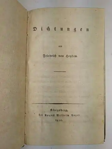 Buch: Dichtungen, Friedrich von Heyden, 1820, August Wilhelm Unzer, guter Zust.