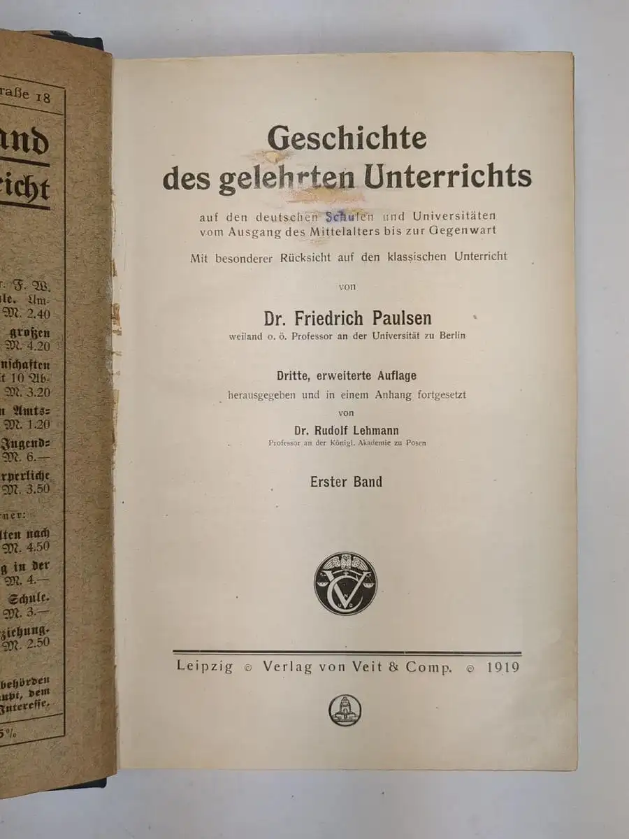 Buch: Geschichte des gelehrten Unterrichts. Friedrich Paulsen, 1919/21, Veit