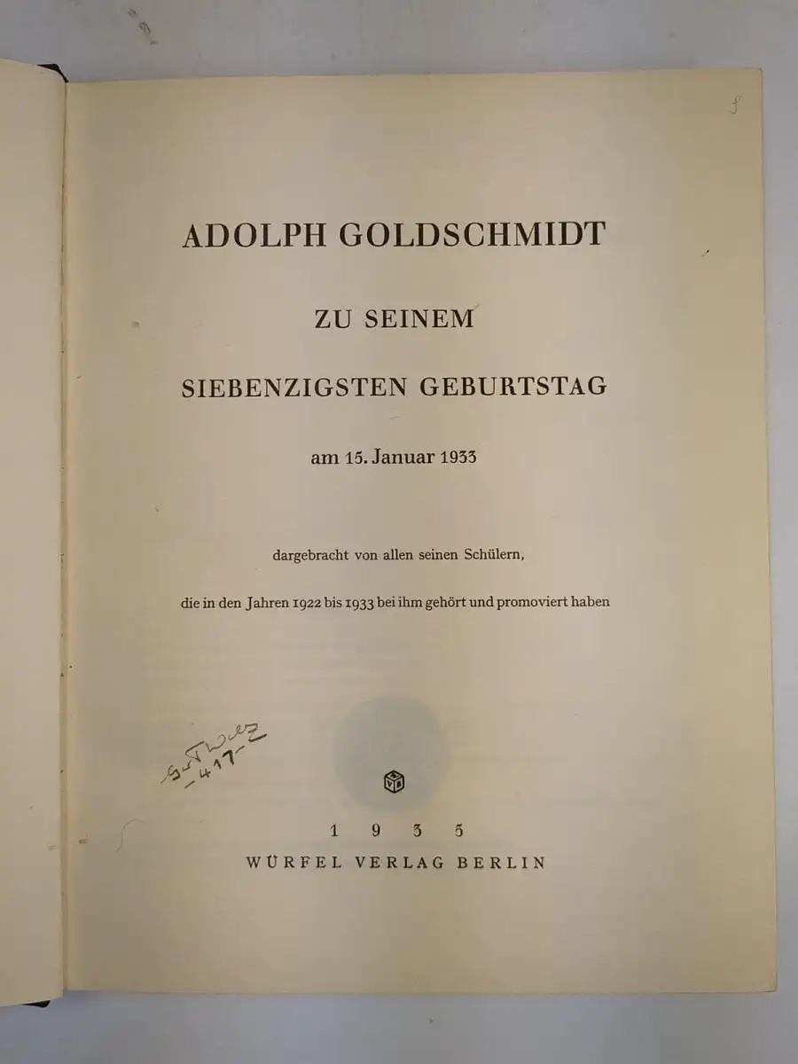 Buch: Das Siebente Jahrzehnt - Festschrift für Adolph Goldschmidt, 1935, Würfel