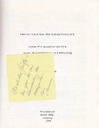 Buch: Henriette Goldschmidt - Vom Frauenrecht zur Kindererziehung, Kemp. 1993