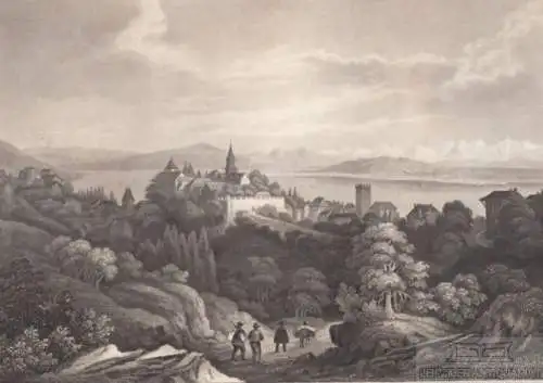 Neufchatel in der Schweiz. aus Meyers Universum, Stahlstich. Kunstgrafik, 1850