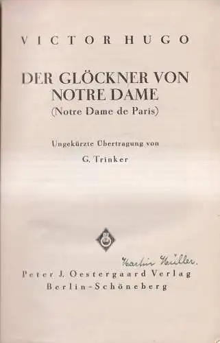 Buch: Der Glöckner von Notre Dame, Hugo, Victor. 1928, Oestergaard Verlag