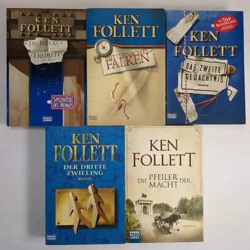 5 Bücher Ken Follett: Pfeiler, Zwilling, Mitternachtsfalken, Gedächtnis, Brücken
