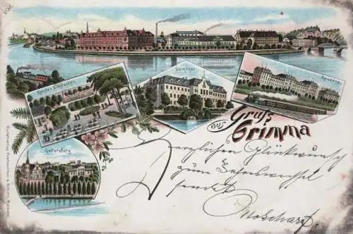 AK Gruss aus Grimma. Kloster Nimbschen. Litho ca. 1894, Postkarte. Ca. 1894