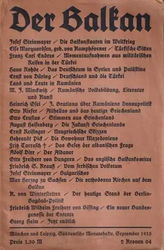 Süddeutsche Monatshefte Heft 12, September 1915: Der Balkan, J. Steinmayer u.a.