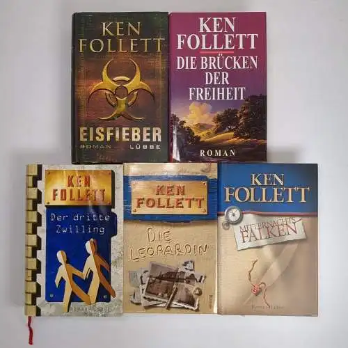5 Bücher Ken Follett: Leopardin; Mitternachtsfalken; Eisfieber; Dritte Zwilling