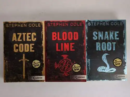 3 Bücher Stephen Cole: Aztec Code / Bloodline / Snakeroot, Loewe Verlag, 3 Bände