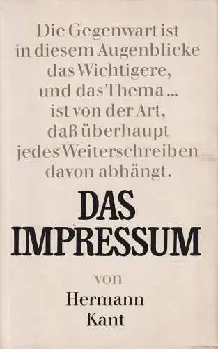Buch: Das Impressum, Roman. Kant, Hermann, 1972, Rütten & Loening Verlag