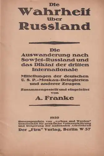 Buch: Die Wahrheit über Russland, Franke, A. 1920, Firn, gebraucht, gut