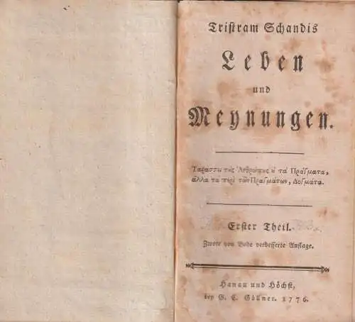 Buch: Tristram Schandis Leben und Meynungen, Sterne, Laurence. 2 Bände, 1776/77