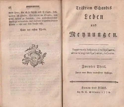 Buch: Tristram Schandis Leben und Meynungen, Sterne, Laurence. 2 Bände, 1776/77