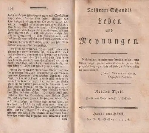 Buch: Tristram Schandis Leben und Meynungen, Sterne, Laurence. 2 Bände, 1776/77