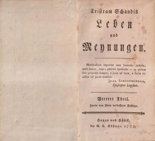 Buch: Tristram Schandis Leben und Meynungen, Sterne, Laurence. 2 Bände, 1776/77
