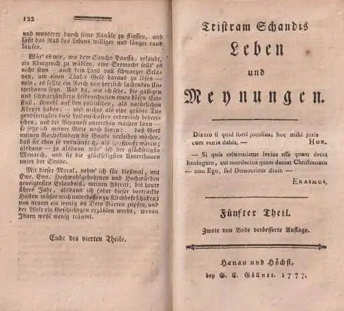 Buch: Tristram Schandis Leben und Meynungen, Sterne, Laurence. 2 Bände, 1776/77