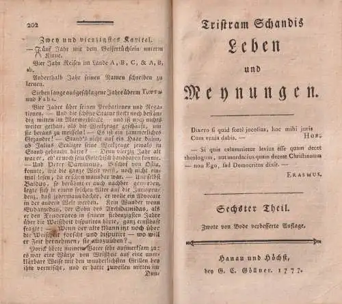 Buch: Tristram Schandis Leben und Meynungen, Sterne, Laurence. 2 Bände, 1776/77