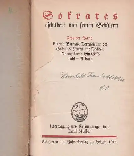 Buch: Sokrates geschildert von seinen Schülern 1+2, 1911, Insel-Verlag