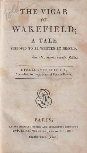 Buch: The Vicar of Wakefield, Goldsmith, Oliver, 1800, Didot, Paris, englisch