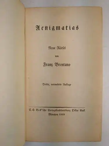 Buch: Aenigmatias - Neue Rätsel, Brentano, Franz, 1919, Verlag C. H. Beck