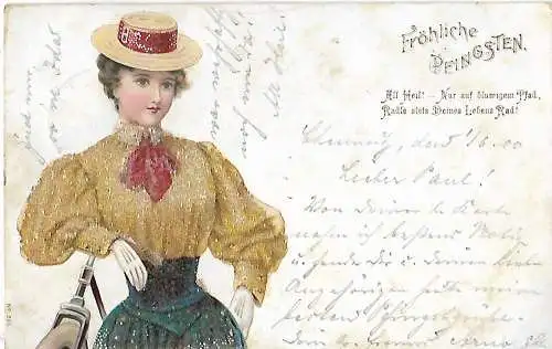 AK Fröhliche Pfingsten. Prägepostkarte mit Perlen. ca. 1900, Pfingsten, gut