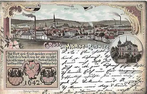 AK Gruss aus Markt-Redwitz. Redwitzer Wappen. Lithografie. ca. 1899, gut