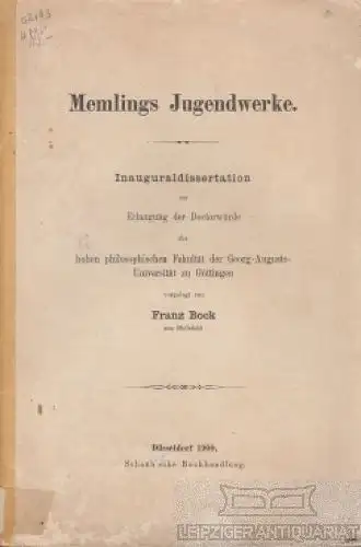 Buch: Memlings Jugendwerke, Bock, Franz. 1900, Schaubsche Buchhandlung