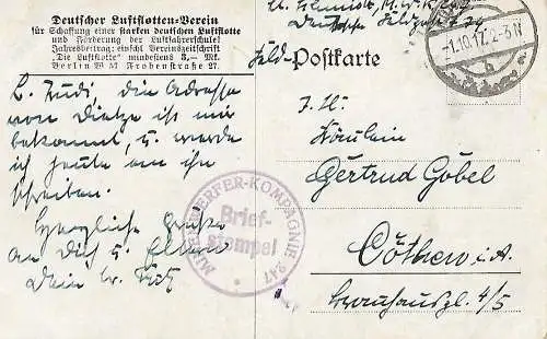 AK In der Zeppelin-Gondel. ca. 1917, Luftfahrt, Postkarte, gebraucht, gut