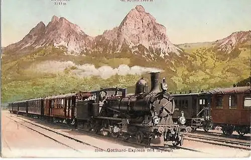 AK Gotthard-Express mit Mythen. ca. 1906, Eisenbahn, Postkarte, gebraucht, gut