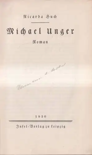 Buch: Michael Unger, Roman. Ricarda Huch, 1930, Insel, Exlibris Otto Paetz