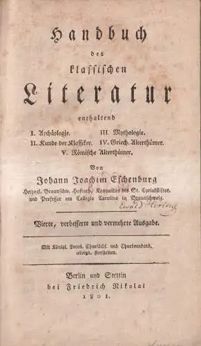 Buch: Handbuch der klassischen Literatur, J. J. Eschenburg, 1801, Fried. Nikolai