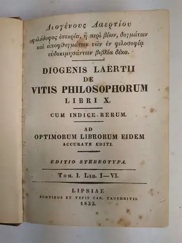 Buch: Diogenis Laertii de Vitis Philosophorum Libri X, Laertios, 1833, Tauchnitz