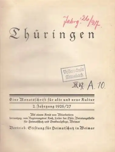 Thüringen 2. Jahrgang 1926/27, Koch (Hrsg.). 1926, Stiftung für Heimatschutz