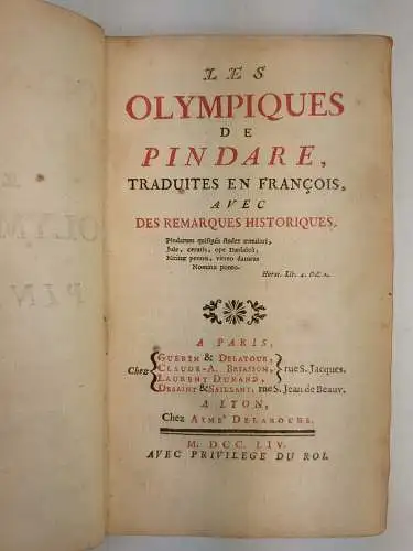 Buch: Les Olympiques, Pindar, 1754, Aime Delaroche, Traduites En Francois