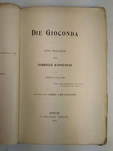 Buch: Die Gioconda, Eine Tragödie, Gabriele d'Annunzio, 1899, S. Fischer Verlag