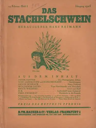 Buch: Das Stachelschwein, Reimann, Hans, 1925, R. Th. Hauser & Co. Verlag