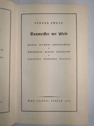 Buch: Baumeister der Welt, Zweig, Stefan. 1936, Herbert Reichner Verlag