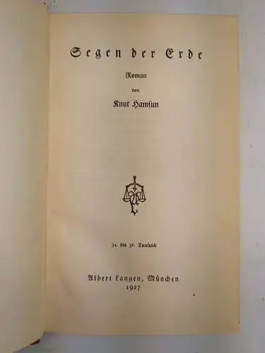 Buch: Segen der Erde, Roman. Hamsun, Knut. 1927, Langen Müller Verlag