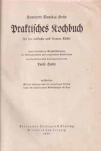 Buch: Praktisches Kochbuch für die einfache und feinere Küche, Davidis. 1942
