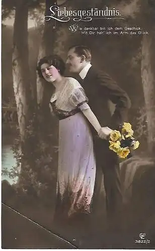 AK Liebesgeständnis. Paar mit Blumen. ca. 1916, Postkarte, gebraucht, gut