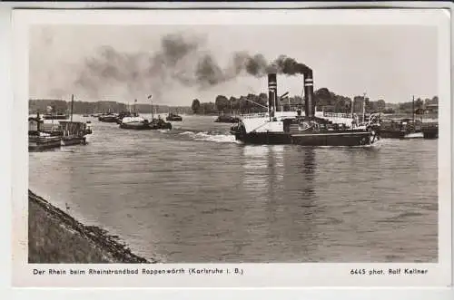 AK Der Rhein beim Rheinstrandbad Rappenwörth (Karlsruhe i. B.), ca. 1950, Velten