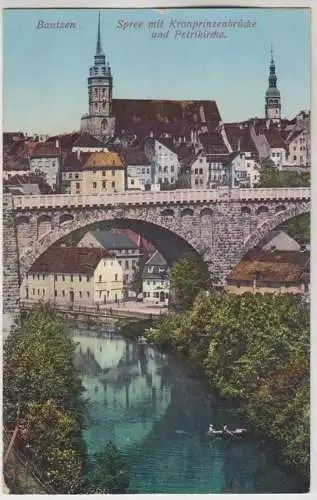 AK Bautzen. Spree mit Kronprinzenbrücke und Petrikirche, ca. 1918, Philipp Krebs