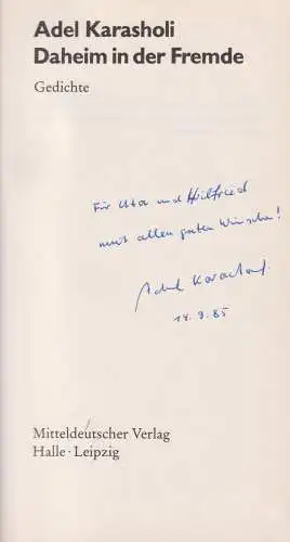 Buch: Daheim in der Fremde, Karasholi, Adel. 1984, Mitteldeutscher Verlag