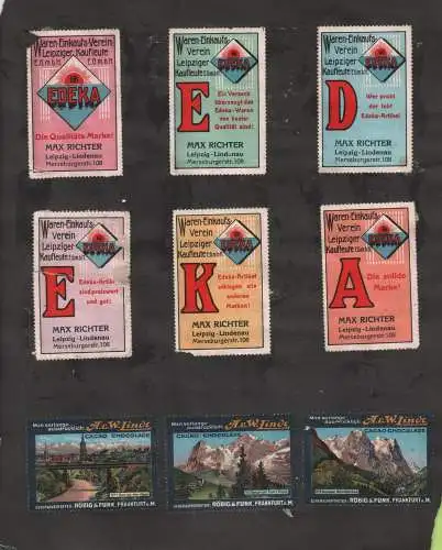 21 Reklamemarken: Dr. Thompsons / Rheinperle / EDEKA / Lindt. 4 Sätze auf Karton