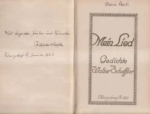 Buch: Mein Lied, Gedichte, Walter Scheffler, 1921, Wetzki, signiert vom Autor