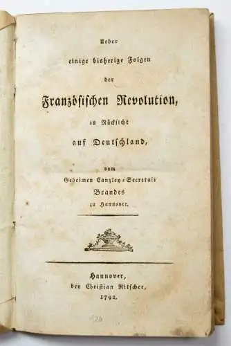 Buch: Ueber einige bisherige Folgen der Französischen Revolution.. Brandes, 1792
