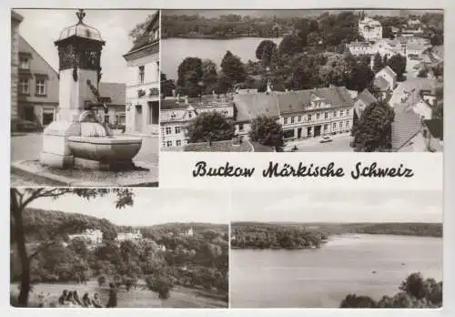 AK Buckow Märkische Schweiz, Brunnen am Markt, Haus Wilhelmshöhe