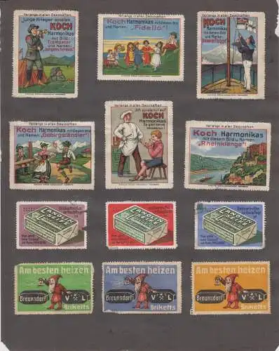 24 Reklamemarken: Koch Harmonikas / Lanolin Seife / Breunsdorf Briketts u.a.