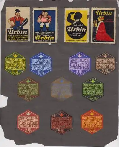 23 Reklamemarken: Urbin / Leipzig 1914 / Globus / Zuban. Auf 1 Bogen montiert