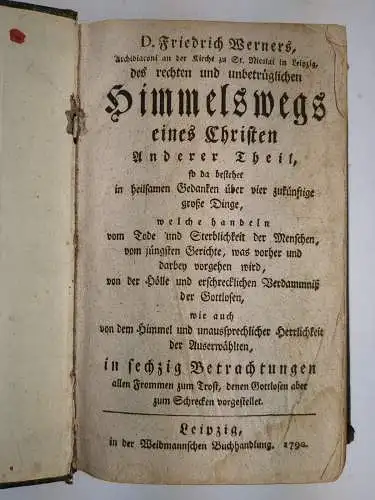 Buch: Des rechten und unbetrüglichen Himmelswegs eines Christen, F. Werner, 1790