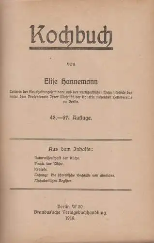 Buch: Kochbuch. Hannemann, Elise, 1919, Brandus'sche Verlagsbuchhandlung